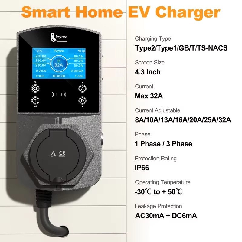 
Smart home EV charger with a 4.3-inch screen displaying real-time data. This universal charger is compatible with multiple EV types and features an adjustable current up to 32A. IP66 waterproof with support for both 1 and 3 phase power, providing a versatile and durable home charging solution.
