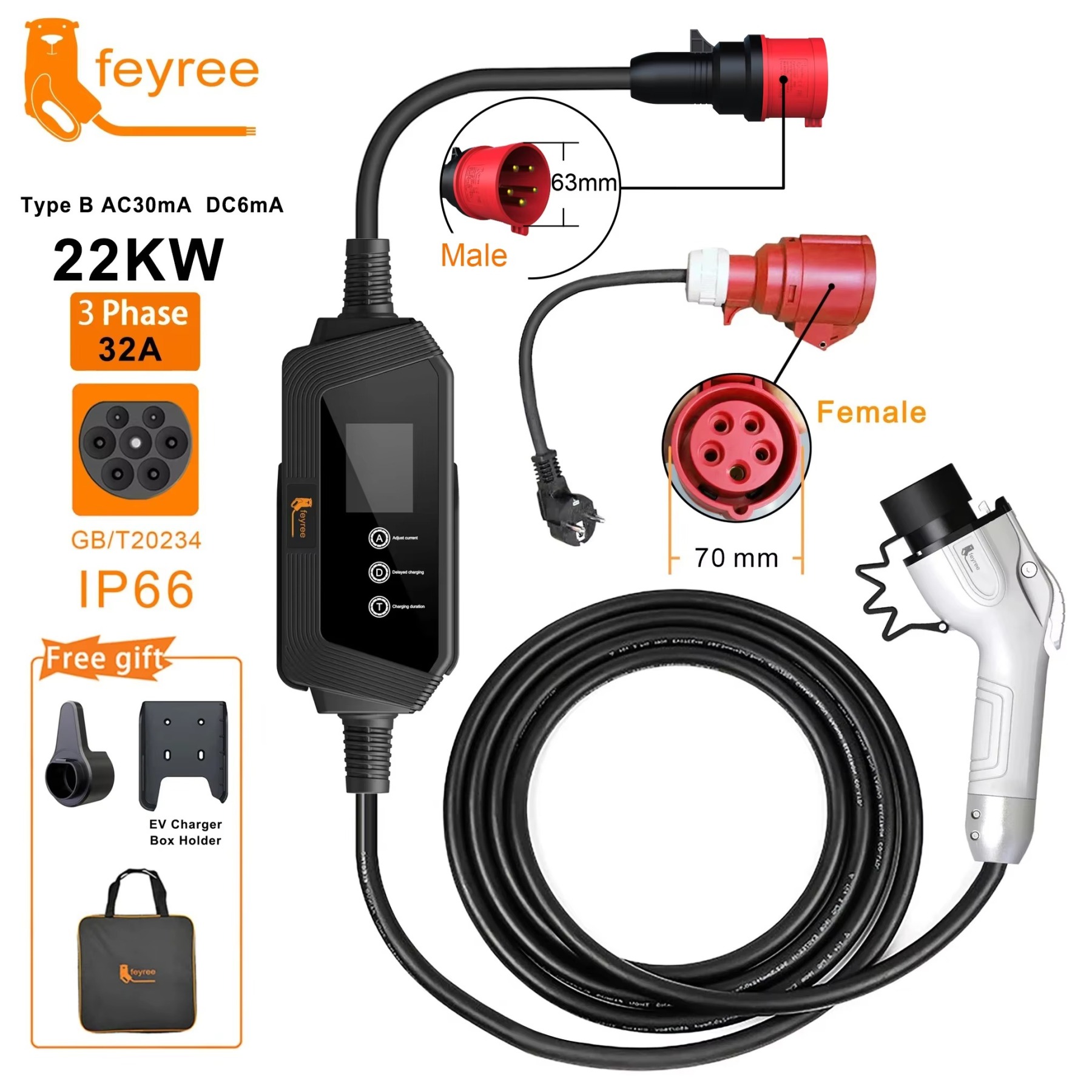 feyree GB/T 22KW 32A 3Phase Portable EV Charger GB/T Plug Fast Charging Box 5m Cable Adjust Current for Electric Car Charging Station