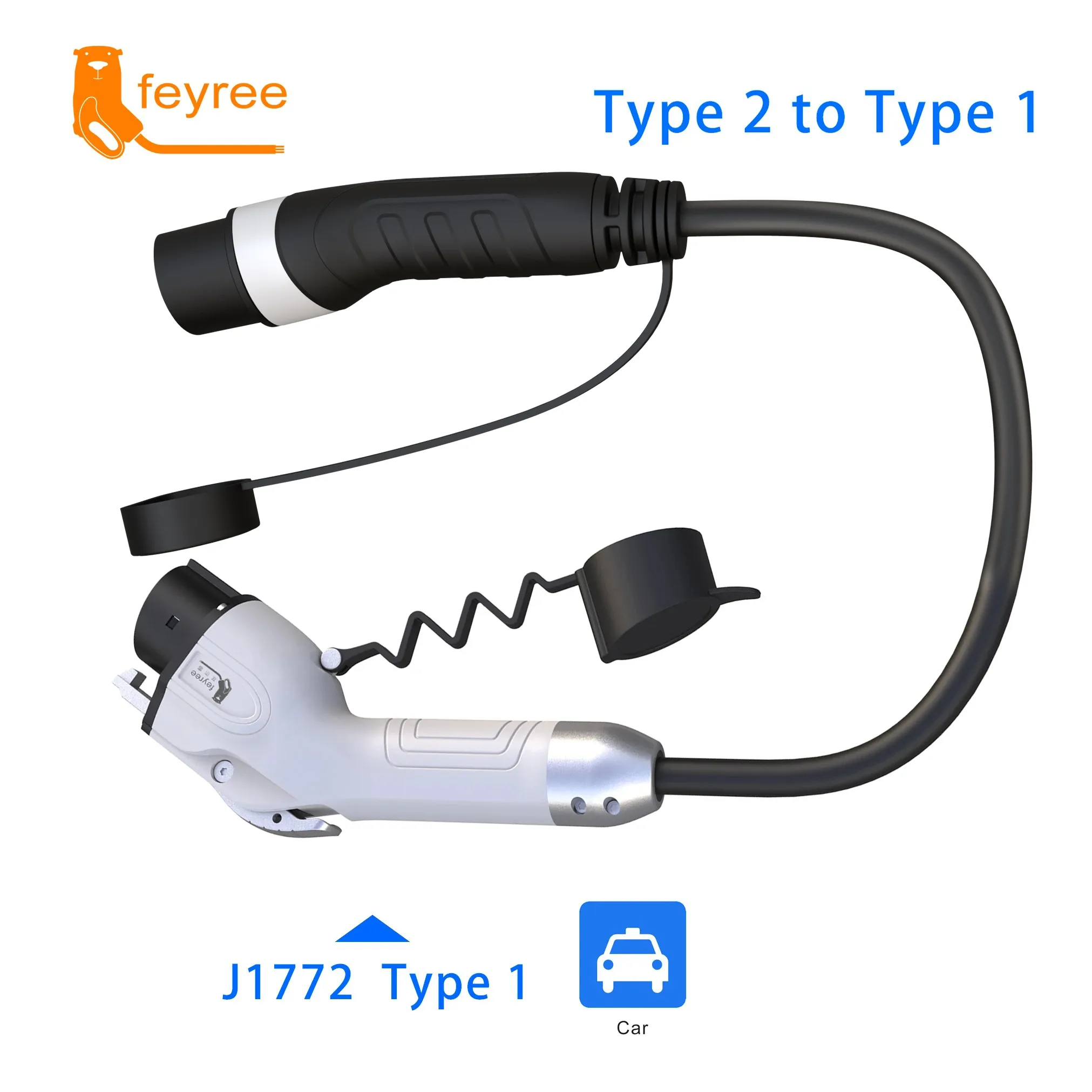 Highly compatible Type 2 to J1772 Type 1 adapter for accessing public European charging stations with US-spec electric cars.