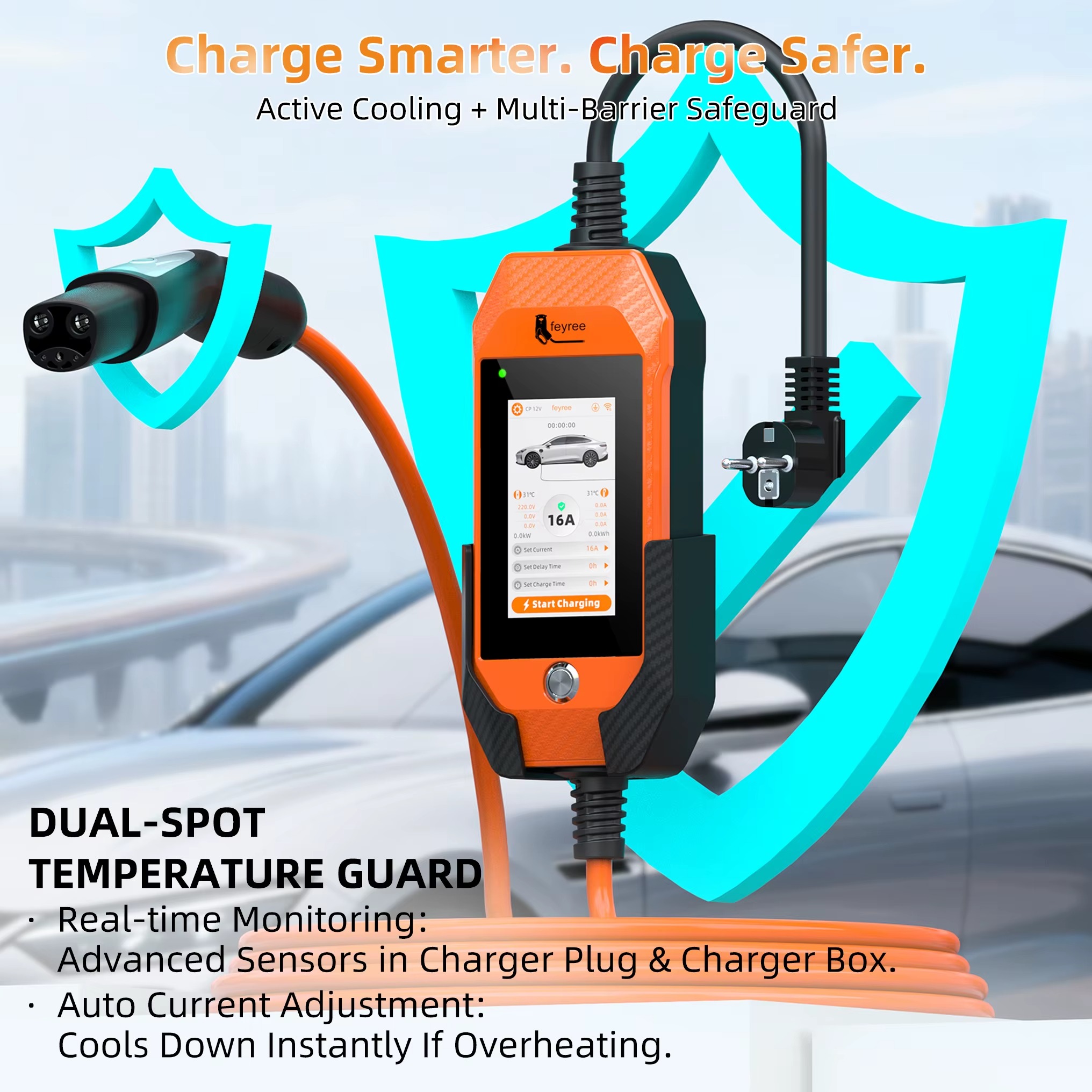 feyree 4.3in Touchscreen Portable EV Charger For 3.5kW 16A 1Phase Tesla With WiFi APP Control EVSE Wallbox For EV Car Charging