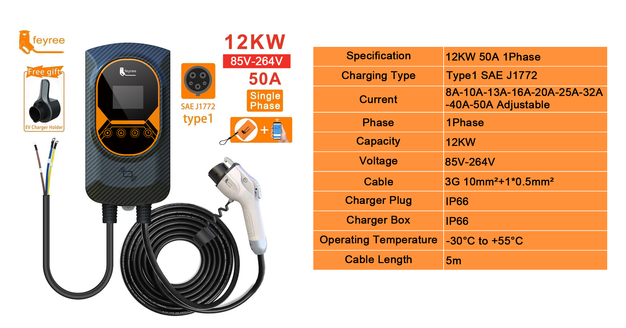 Powerful 12kW 50A Single-Phase EV wallbox with SAE J1772 Type 1 plug and adjustable current for maximum charging speed.