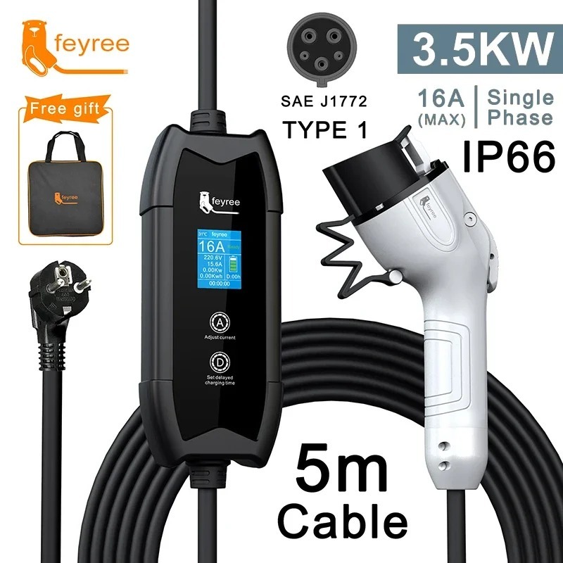 Feyree Portable EV Charger Type1 16A 3.5kW Electric Car 5m Charging Cable