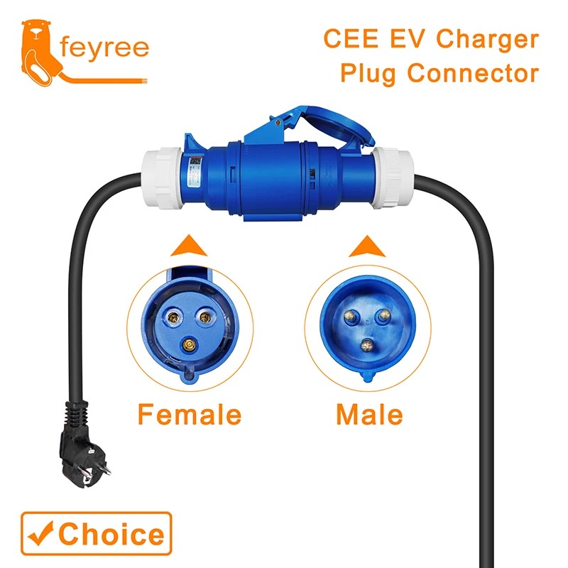 Feyree EV Charger CEE Female Plug Adapter Waterproof Connection WallMount Socket 16A/32A 1/3Phase 7kW 11kW 22kW Portable Charger