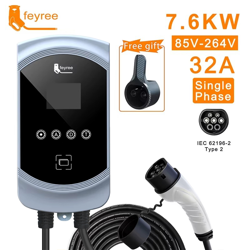 feyree EV Charger Type2 32A EVSE Wallbox with IEC62196-2 Adapter 7.6KW Wallmount Charging Station 5m Cable for Electric Vehicle