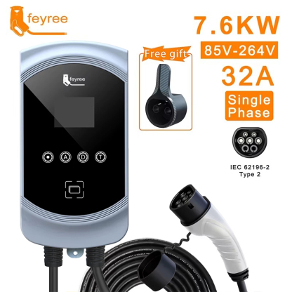 feyree EV Charger Type2 32A EVSE Wallbox with IEC62196-2 Adapter 7.6KW Wallmount Charging Station 5m Cable for Electric Vehicle
