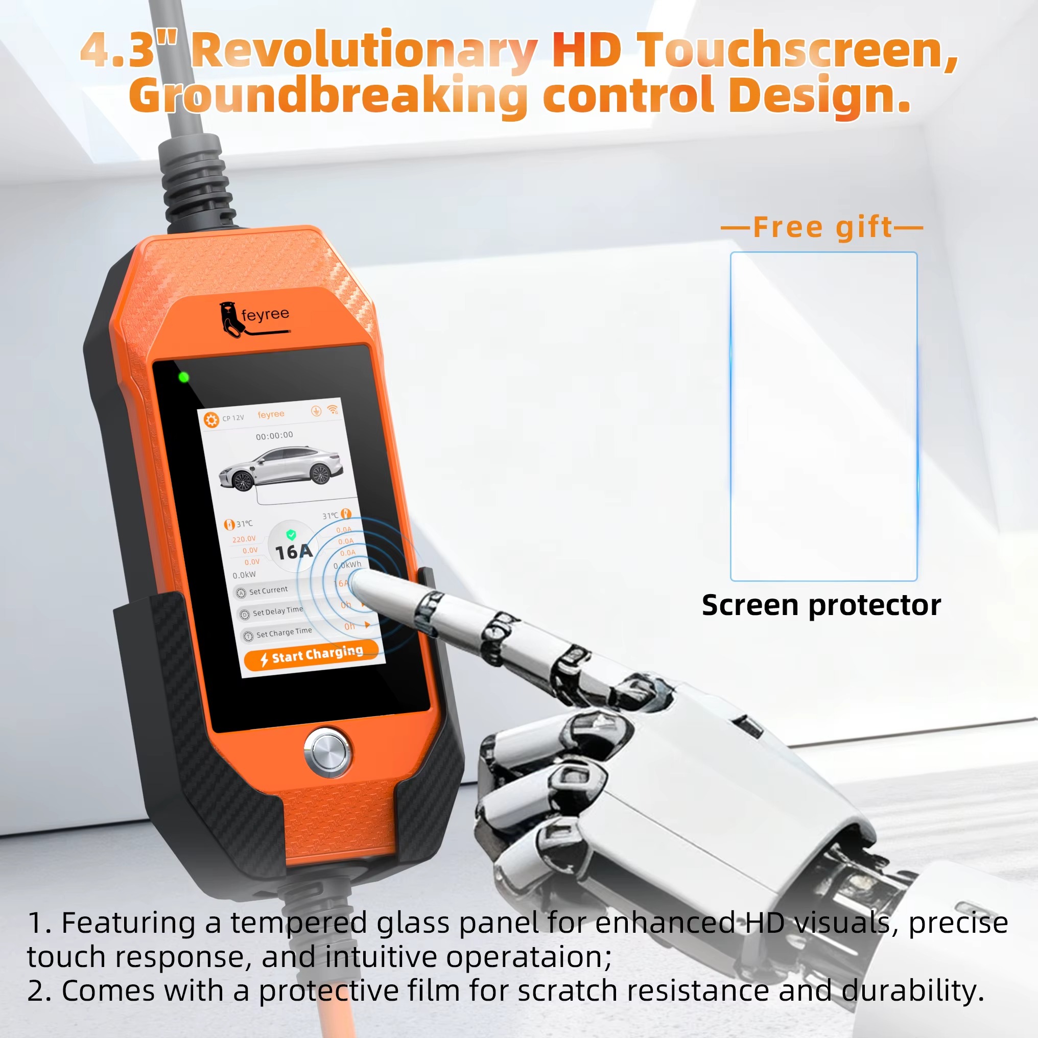 Feyree GB/T EV Charger 16A 3.5kW Portable Charger 1P 4.3'' Touchscreen Smart APP OTA Version Current Adjustable for Electric Car