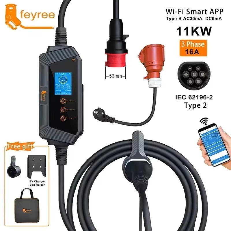 feyree Type2 11KW  Portable EV Charger 11KW 16A 3P Car Charger Wi-Fi APP Control EVSE Charging Box CEE Plug for Electric Vehicle