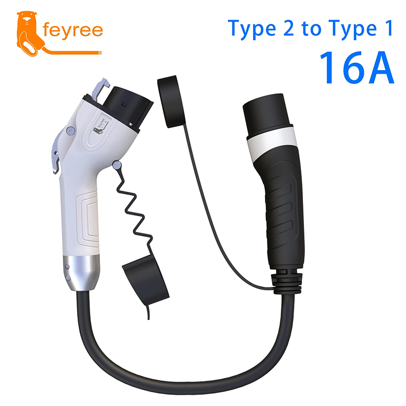 Type 2 to Type 1 EV charging adapter, supporting 16A current for a stable and efficient connection between different charging standards.
