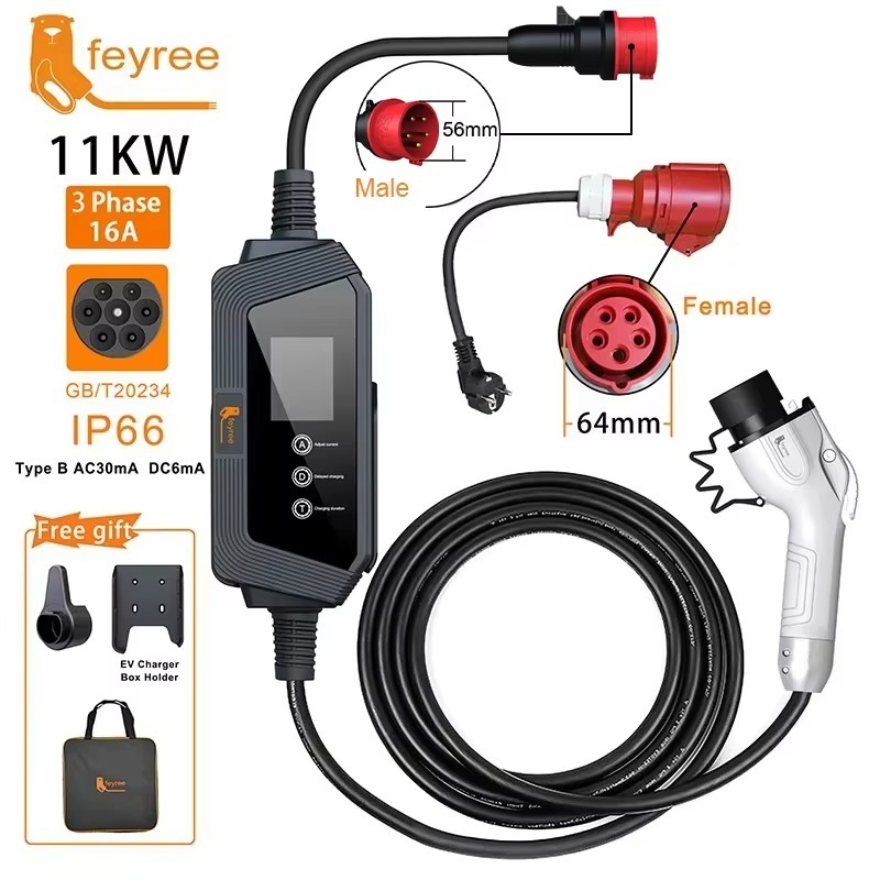 feyree GB/T 11KW EV Portable Charger GBT Socket 16A 3Phase EVSE Charging Box Adjust Current Set Delay Charging time for Electric Car