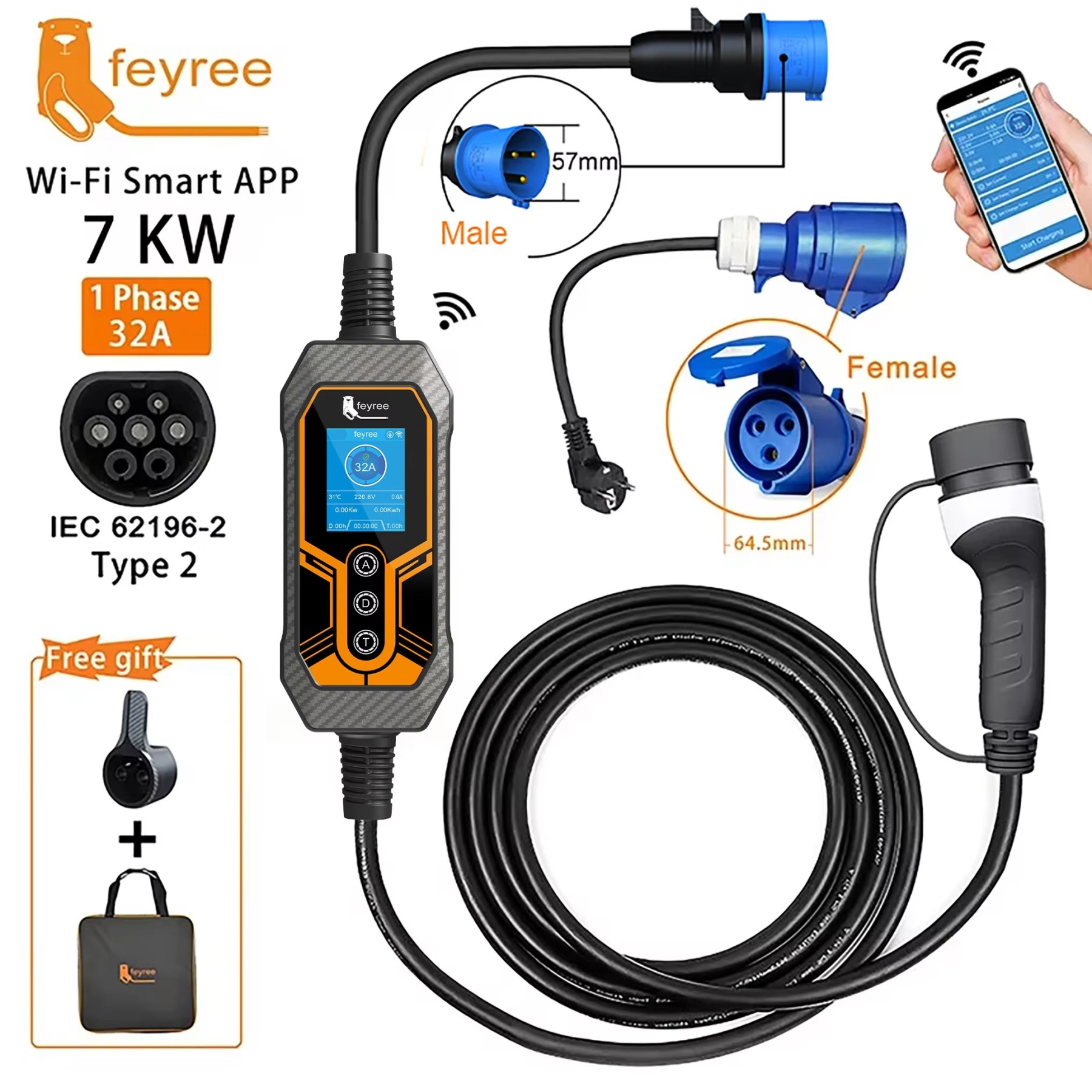 
Wi-Fi smart EV charger delivering 7kW of power at 32A. This portable charging kit includes a Type 2 connector and a 1-phase industrial plug, with App control for monitoring your session. A charger holder and a carrying bag are also included for convenient storage.