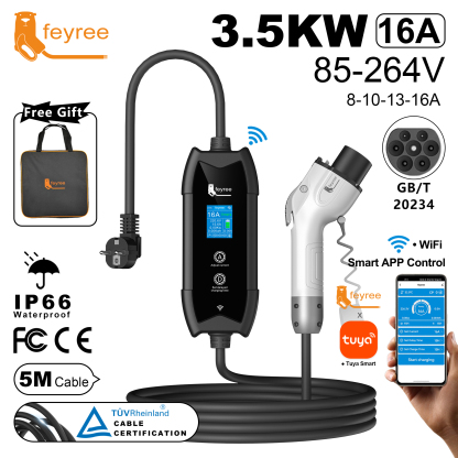 
Portable 3.5kW EV charger with a 5-meter cable and GB/T 20234 connector, featuring Wi-Fi connectivity and smart app control.