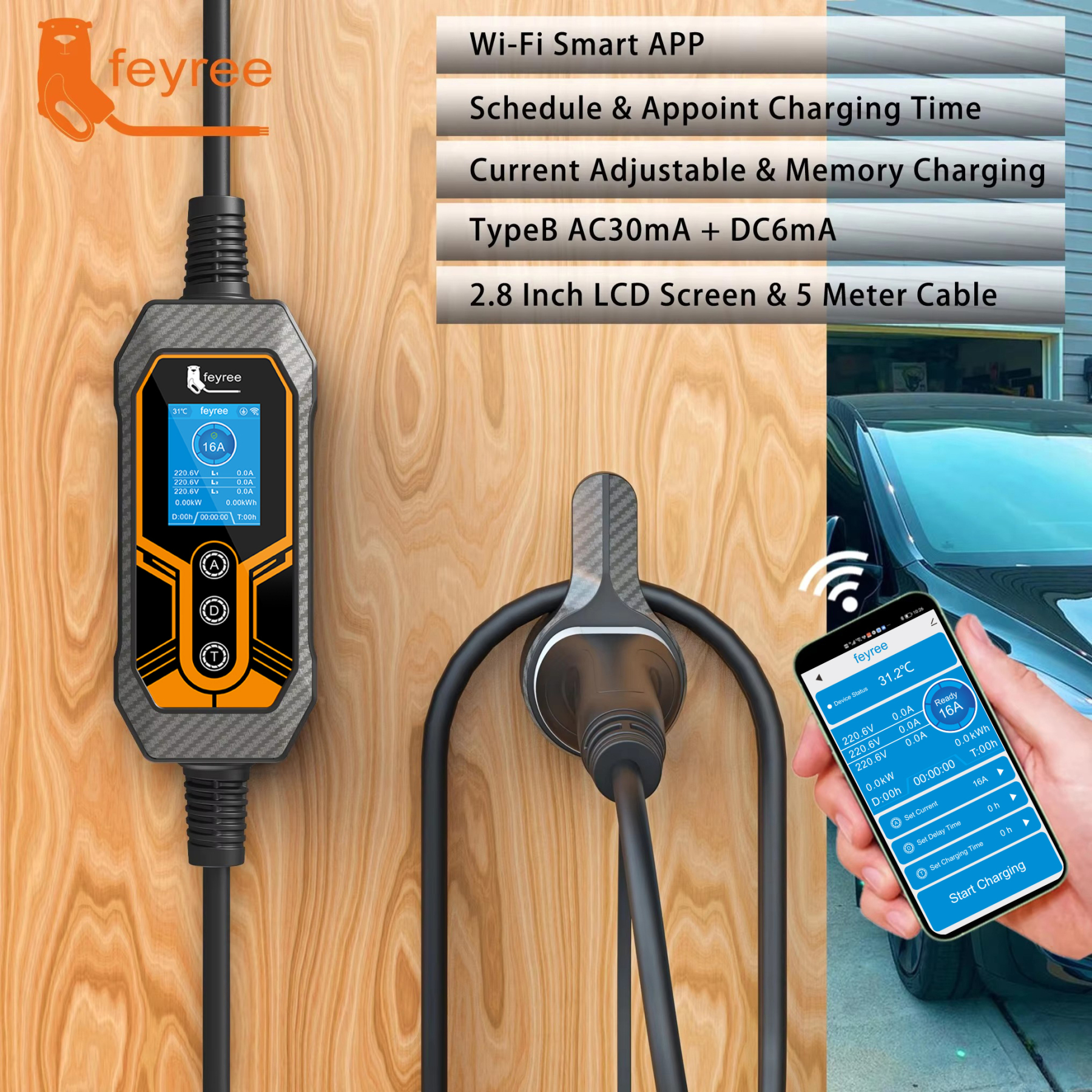 
Smart EV charger with Wi-Fi App control that lets you schedule charging sessions and adjust current. The unit features a 2.8-inch LCD screen and a generous 5-meter cable, making it a convenient home charging station.