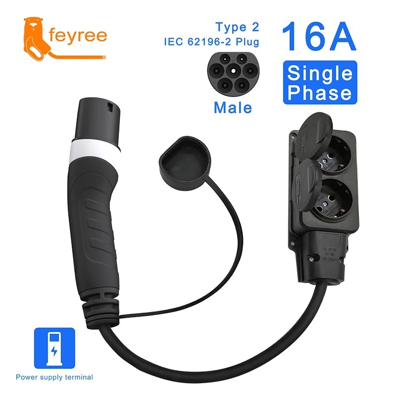 16A Single Phase Type 2 EV charging adapter, safely connecting your electric vehicle to dual European power sockets.