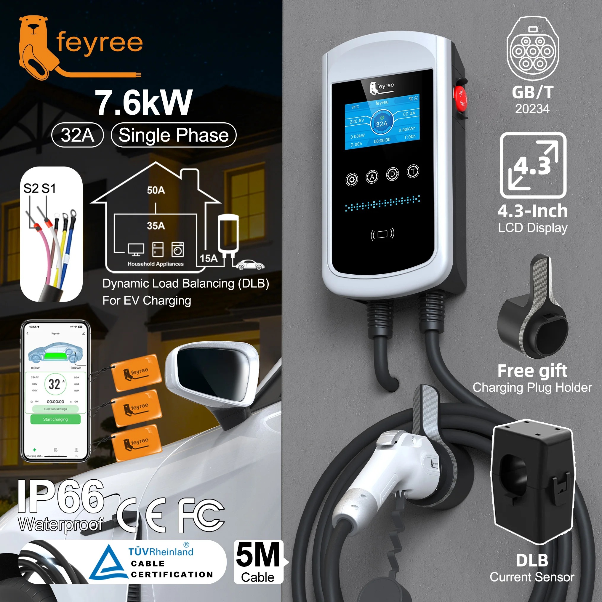 feyree DLB EV Charger GB/T Charger Plug 22kW 32A 3P Fast EV Charger 4.3inch Screen EVSE Wallbox Charging Station for ElectricCar
