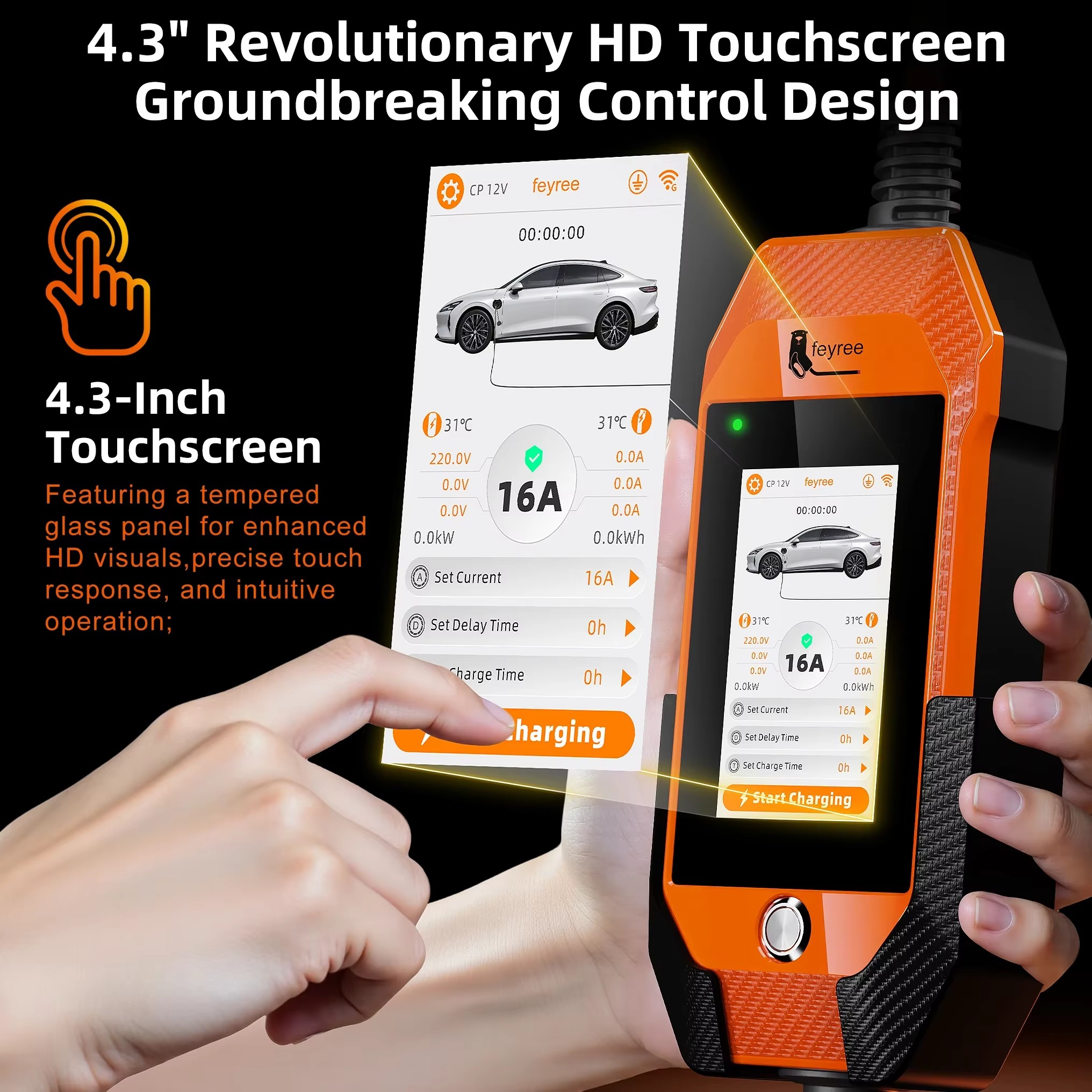 feyree Portable EV Charger 16A 3.5kW 4.3 Inch Touch Screen Compatible with Type1 / Type2 / GBT / TS-NACS Smart WiFi APP Control