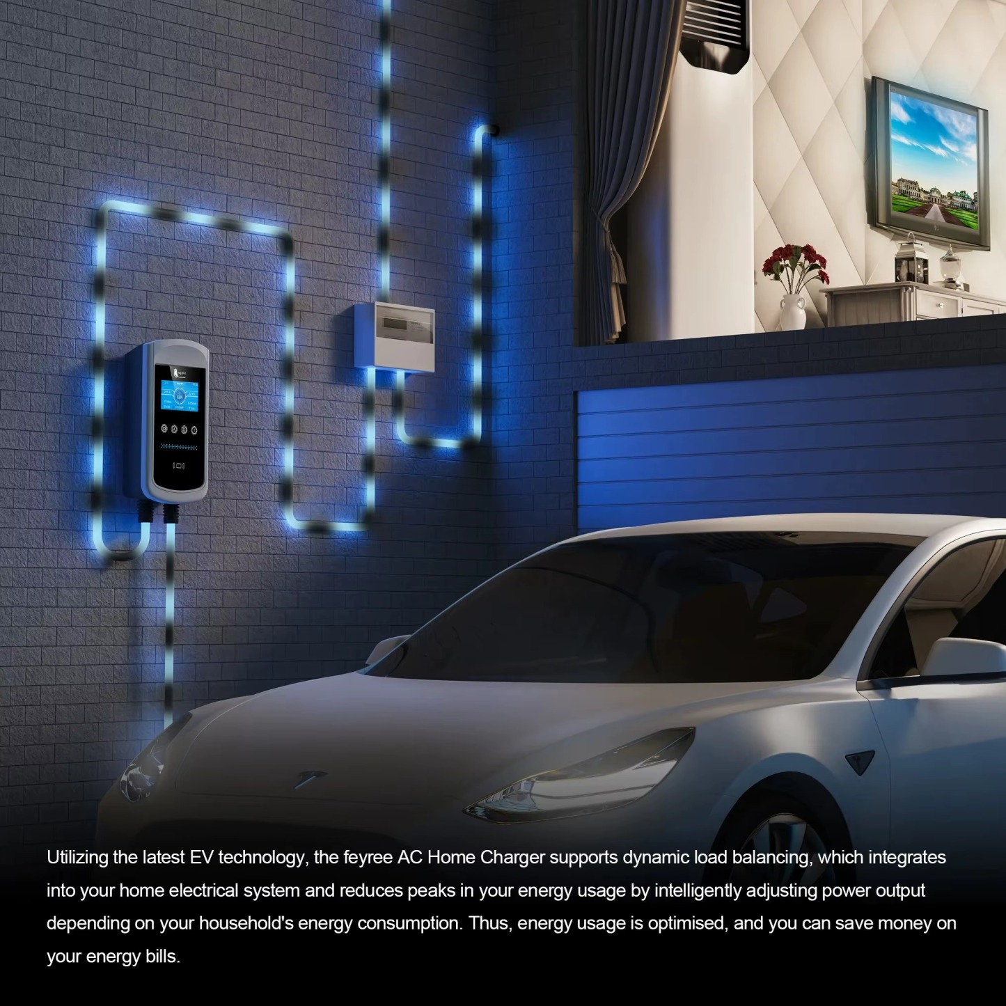 Feyree Dynamic Load Balancing EV Charging Station 32A 7kW TS-NACS Charger Plug Car Charger EVSE Wallbox 9.6kW 12kW APP Control