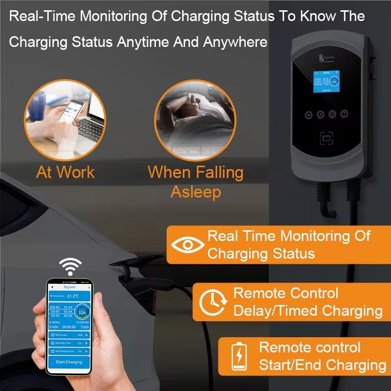 feyree EV Charging Station 32A 7.6KW Electric Vehicle Car Charger EVSE Wallbox 9.6KW 12KW 5m Cable Tesla NACS Socket APP Control-feyree