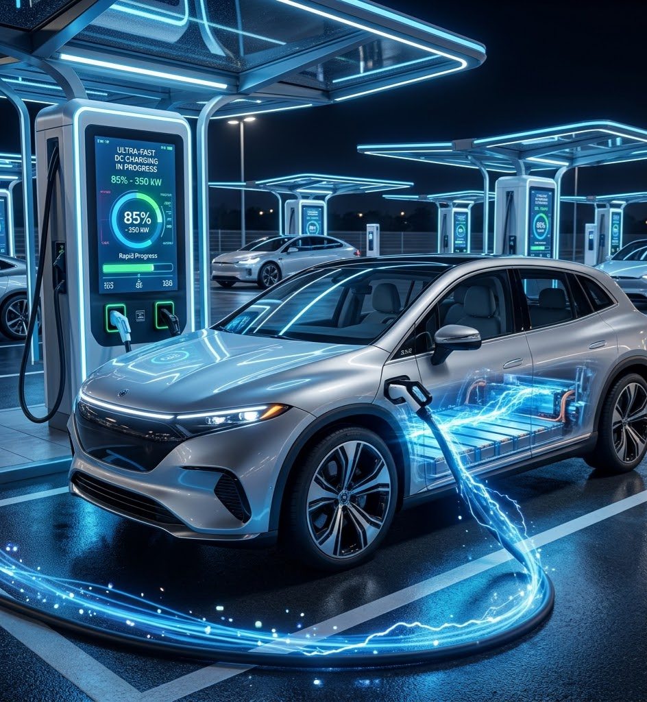 Modern EV at a fast-charging plaza at night with glowing blue energy streams flowing into the battery.