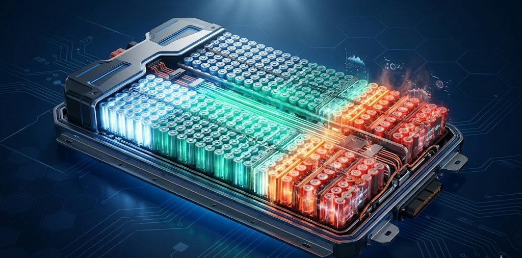 A realistic 3D rendering of a modern EV battery pack showing a charging gradient from 20% to 100%, with the high-charge zone glowing in red to symbolize thermal stress.