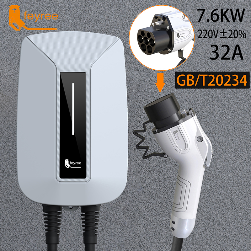 feyree EV Charger Type2 Plug EVSE Wallbox 32A 7KW IEC62196-2 Socket 1 Phase 5m Cable Wallmount Charging Station for Electric Car-feyree