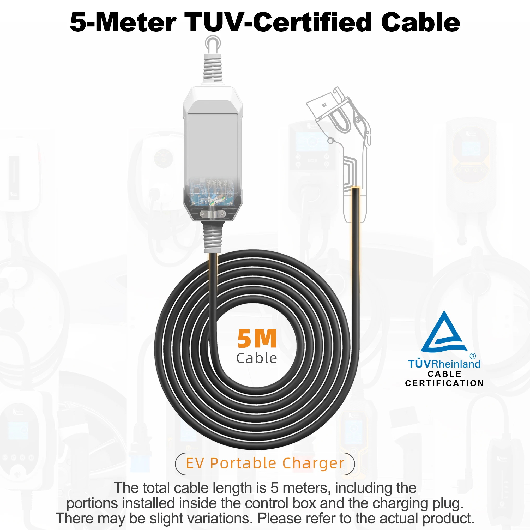  Gemini 说 Portable EV charger featuring a 5-meter TUV-certified cable for durable and flexible electric vehicle charging.
