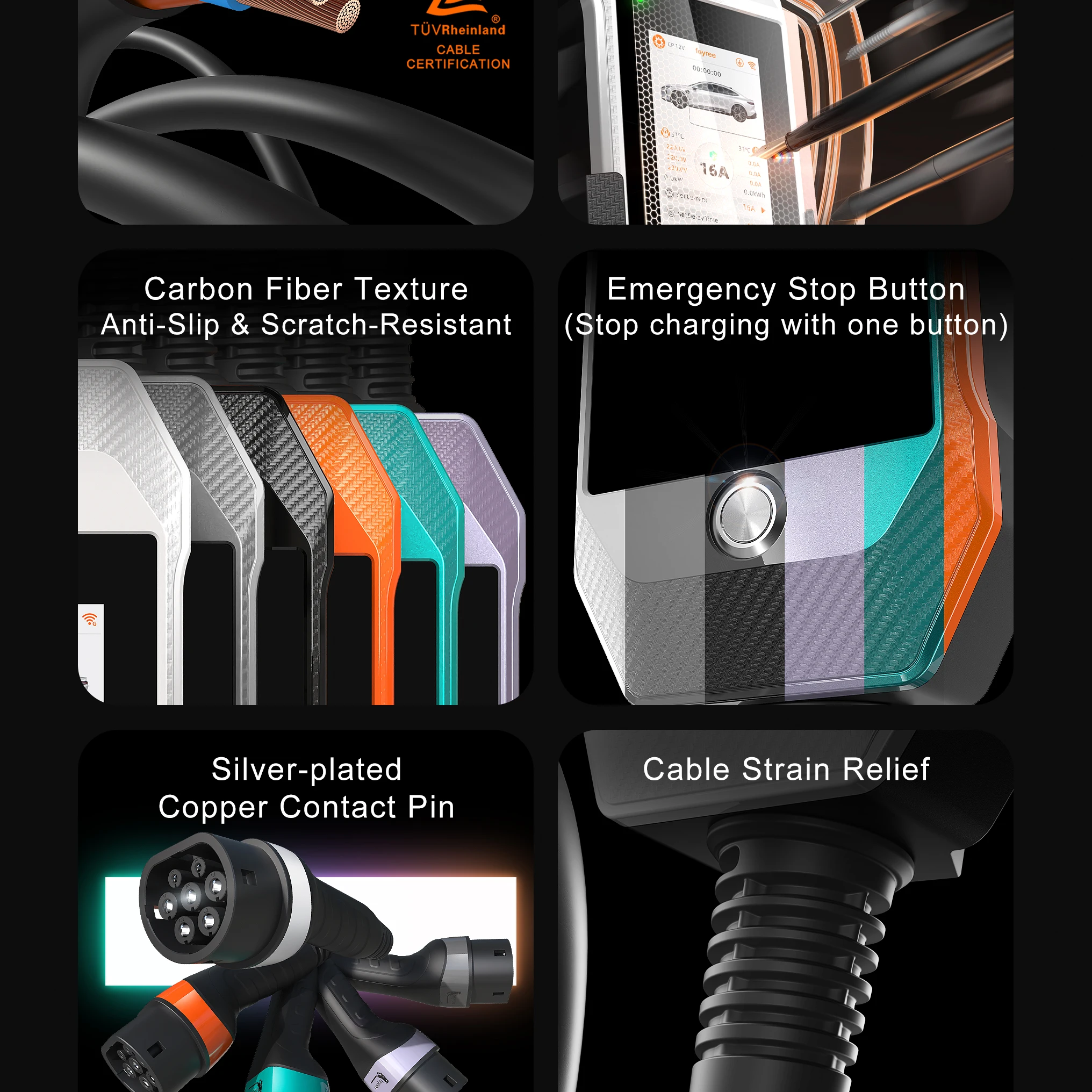 Durable portable EV charger featuring silver-plated copper pins, carbon fiber texture, emergency stop button, and robust cable strain relief for safety.
