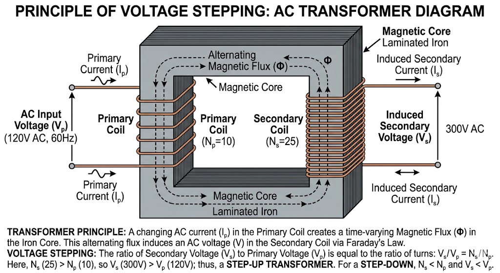 Transformer diagram showing primary and secondary coils on an iron core for voltage stepping.