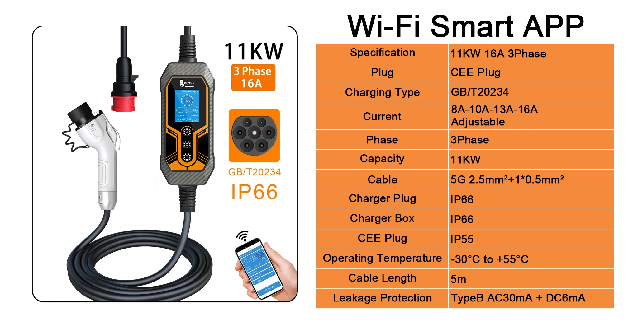11kW 3-Phase portable EV charger with GB/T plug, IP66, and Wi-Fi Smart App for fast, safe home charging.