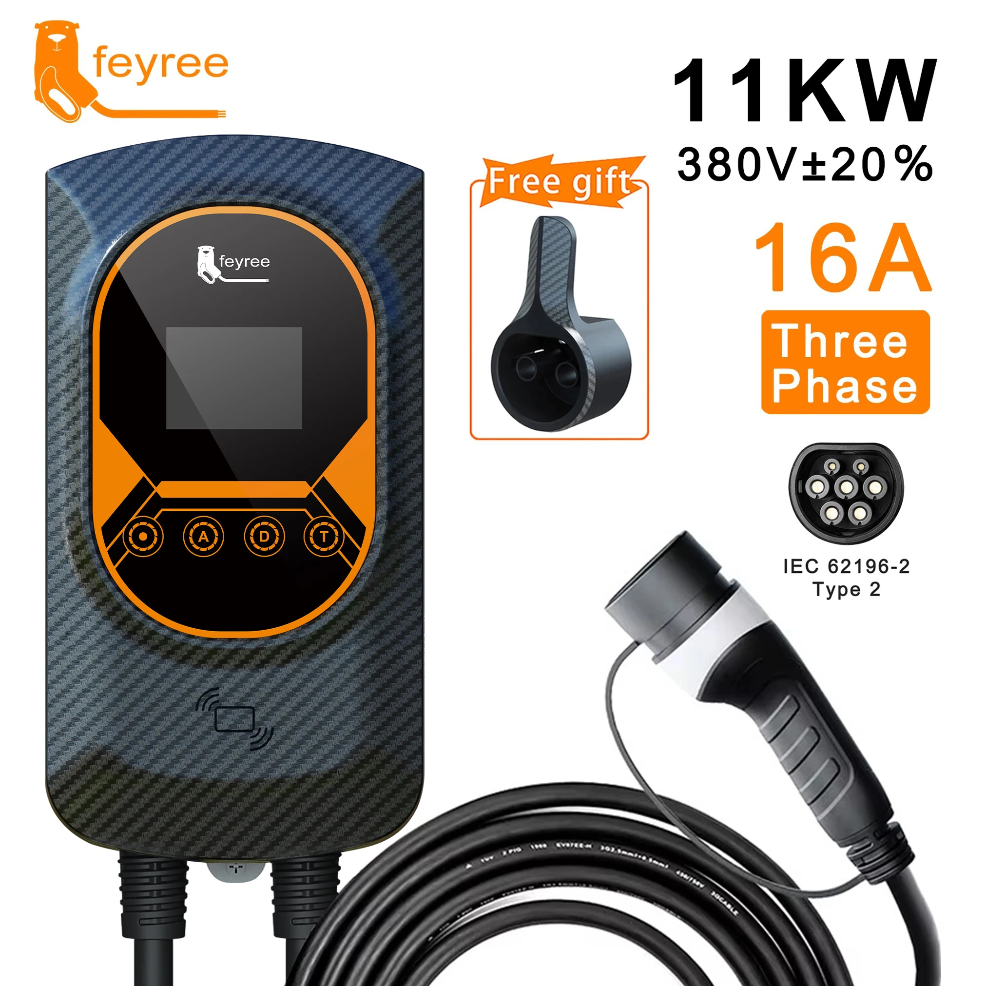 High-power 11kW Three Phase Type 2 portable EV charger with 16A adjustable current for fast, efficient road trip charging.