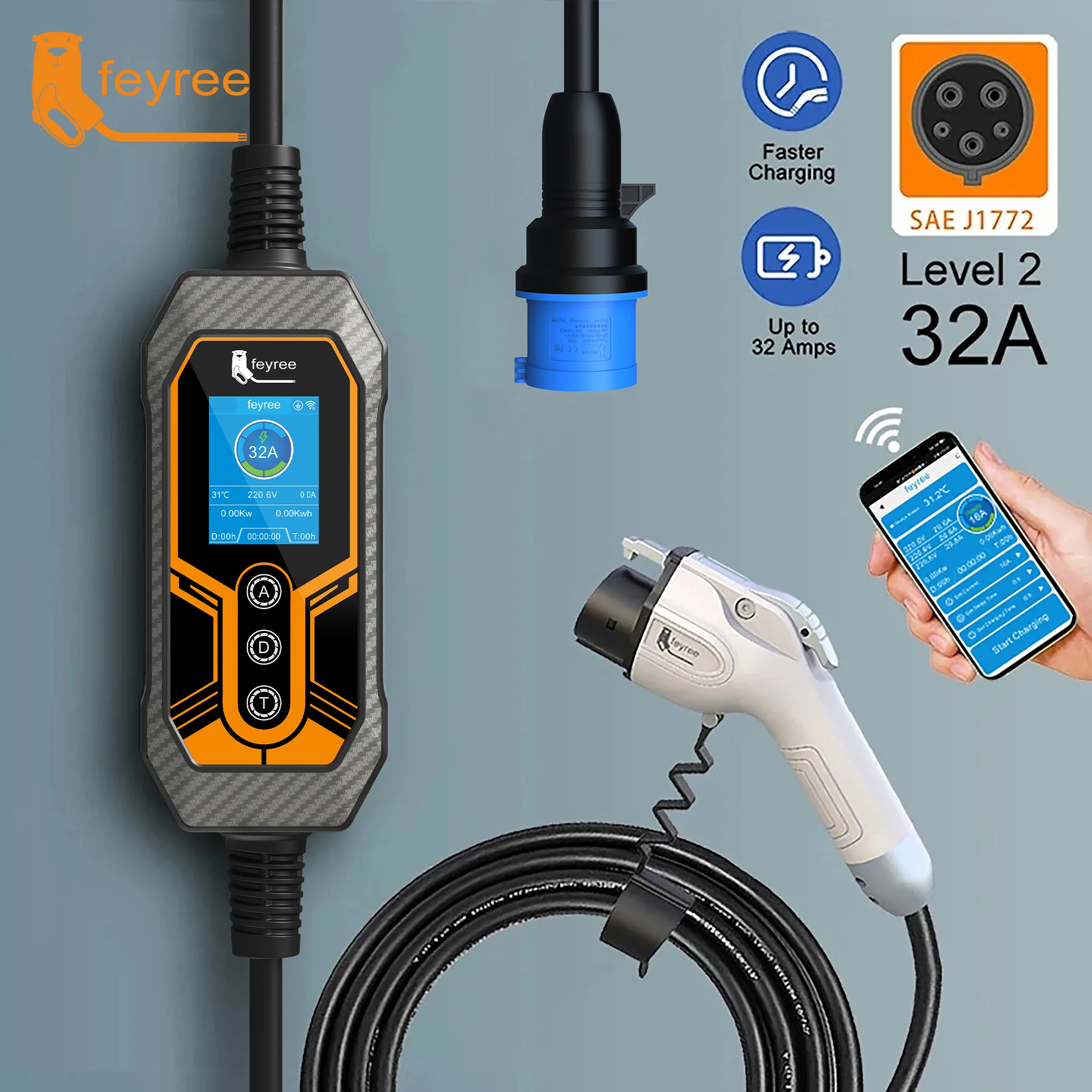  High-speed Level 2 32A SAE J1772 portable EV charger with Wi-Fi control for convenient and fast home charging.