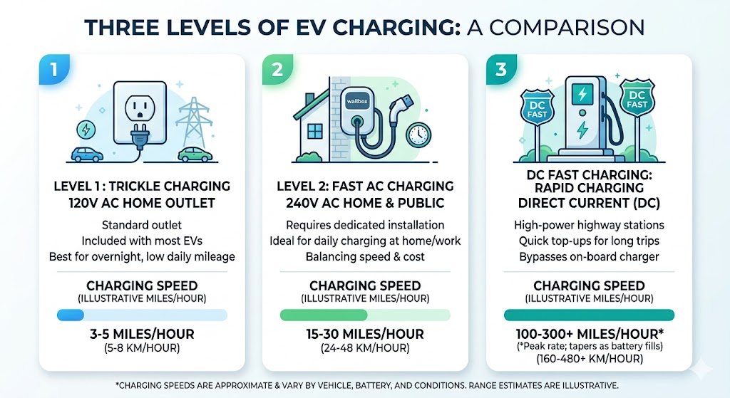 Infographic comparing EV Level 1, Level 2, and DC Fast charging with icons and speed bar charts.