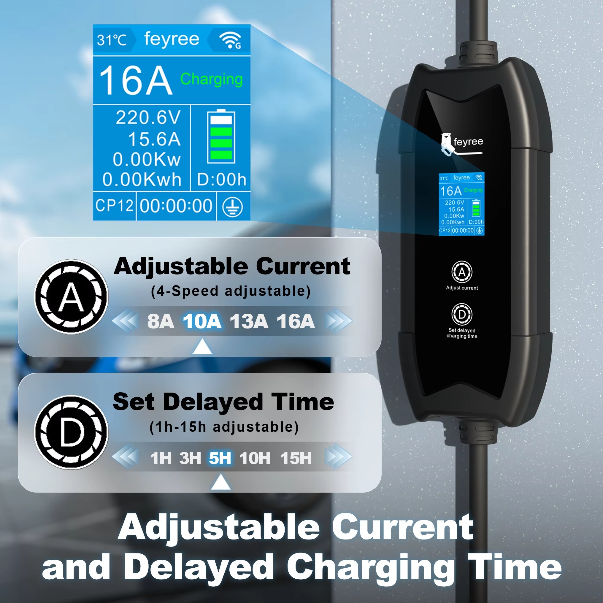 feyree Type2 EV Charger WIFI APP Control 16A 3.5KW GBT 5M Cable Type1 Portable Charging Box Set Charging&DelayTime for EV Cars