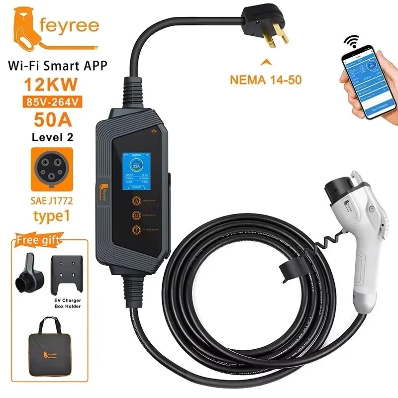 feyree Hero Type1 EV Charger : Intelligent Energy Management 7KW - 32A J1772 Portable WiFi/Bluetooth Charging Station (5m)