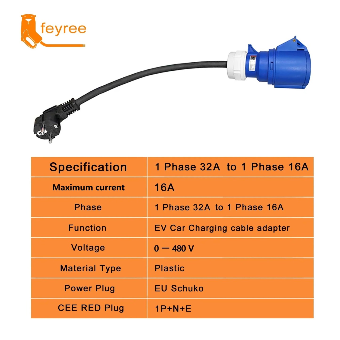 Feyree EV Charger CEE Female Plug Adapter Waterproof Connection WallMount Socket 16A/32A 1/3Phase 7kW 11kW 22kW Portable Charger