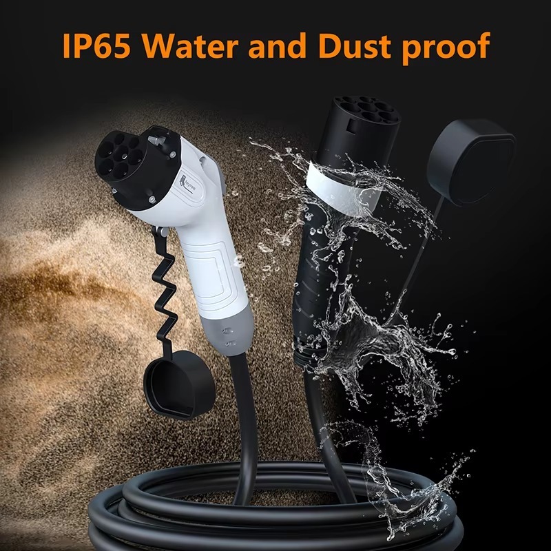 Durable EV charging cable with IP65 Water and Dust proof Type 2 and GB/T connectors, designed for reliable outdoor charging in any weather.