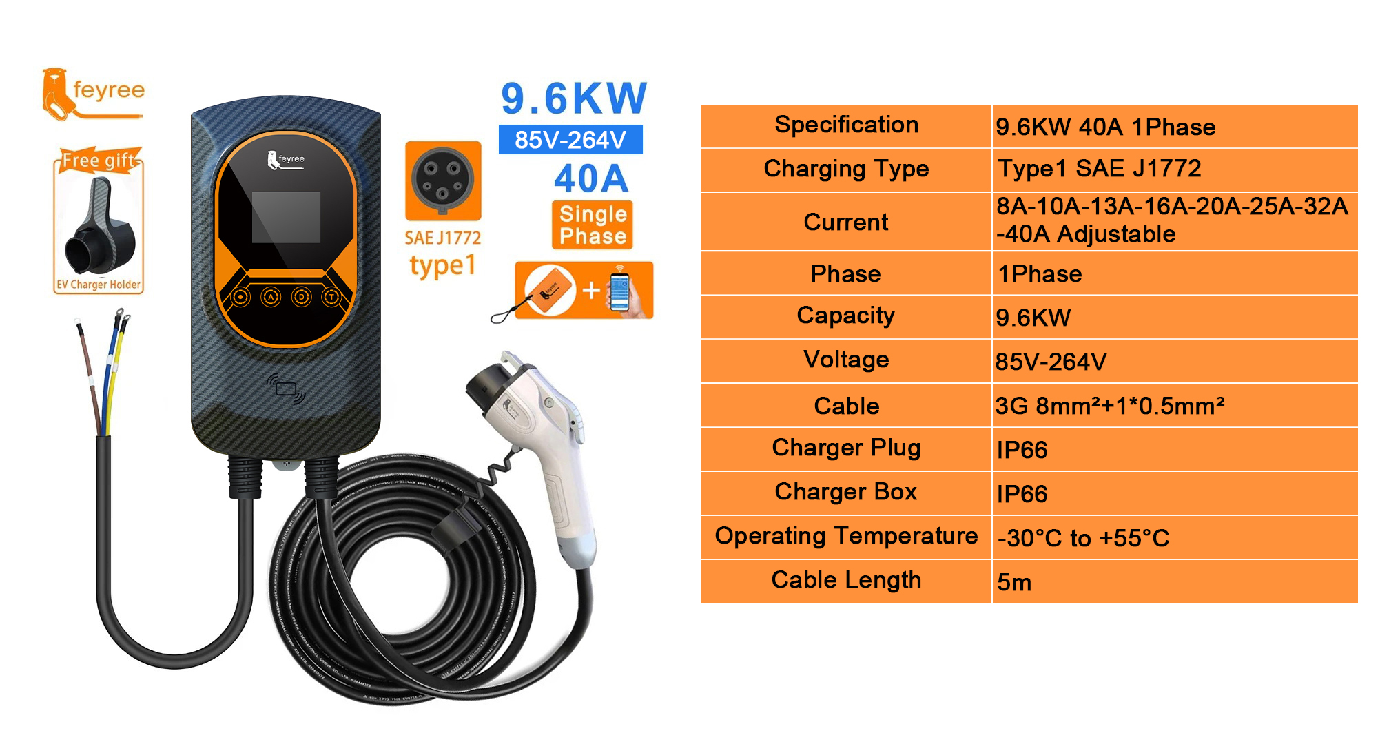 High-speed 9.6kW 40A Type 1 EV wall charger with adjustable current and 5m cable for versatile home charging.