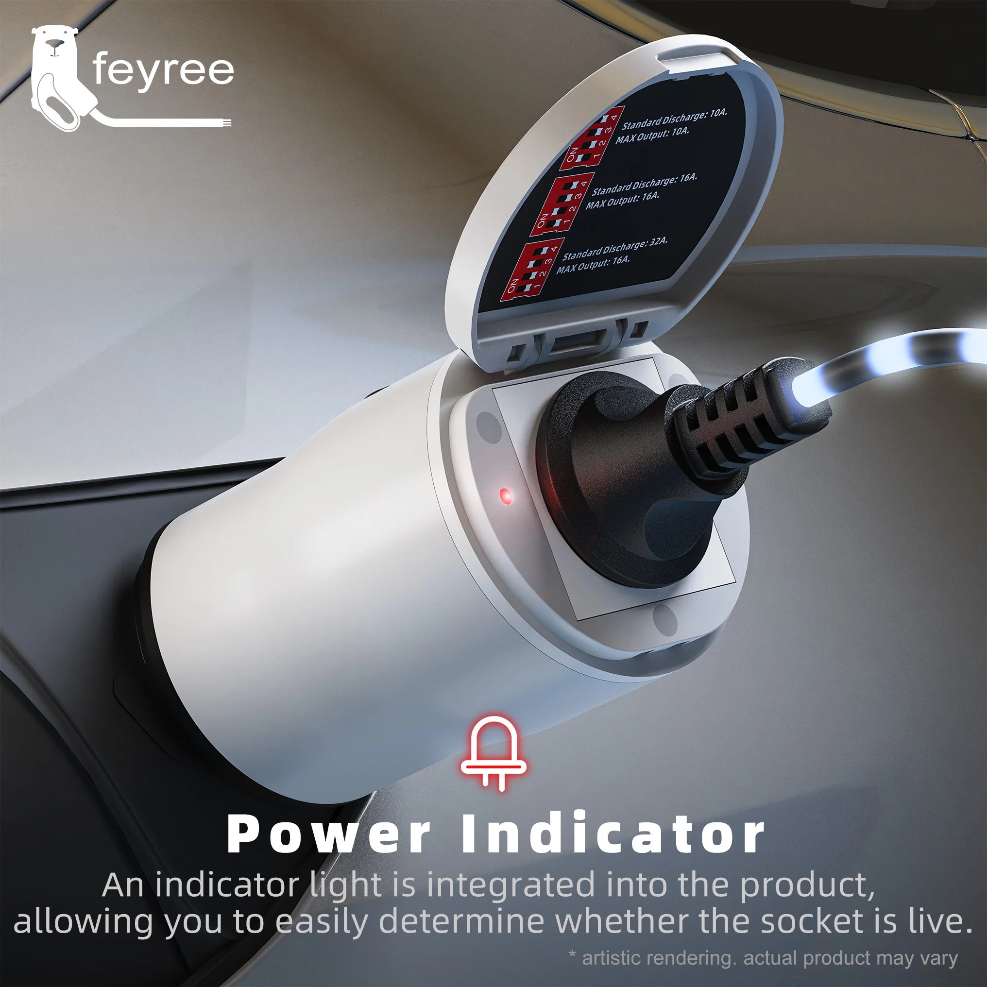 4-in-1 Vehicle-to-Load adapter for Type 2 electric vehicles, enabling power export through a NEMA 5-15R socket, with universal compatibility for various EV brands.
