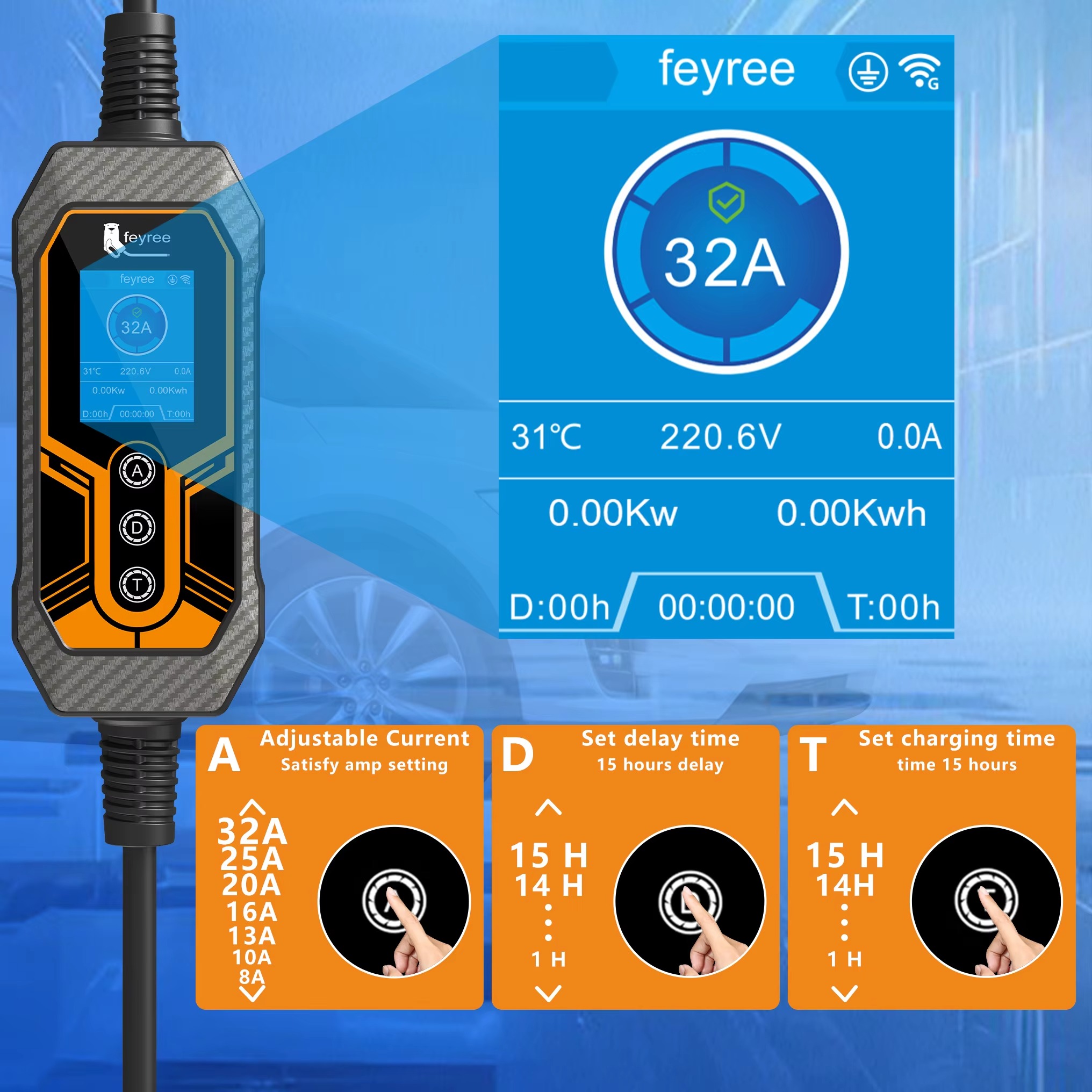 feyree Tesla EV Portable Charger NACS Socket 7KW With APP Control for Tesla Models 3/Y/S/X