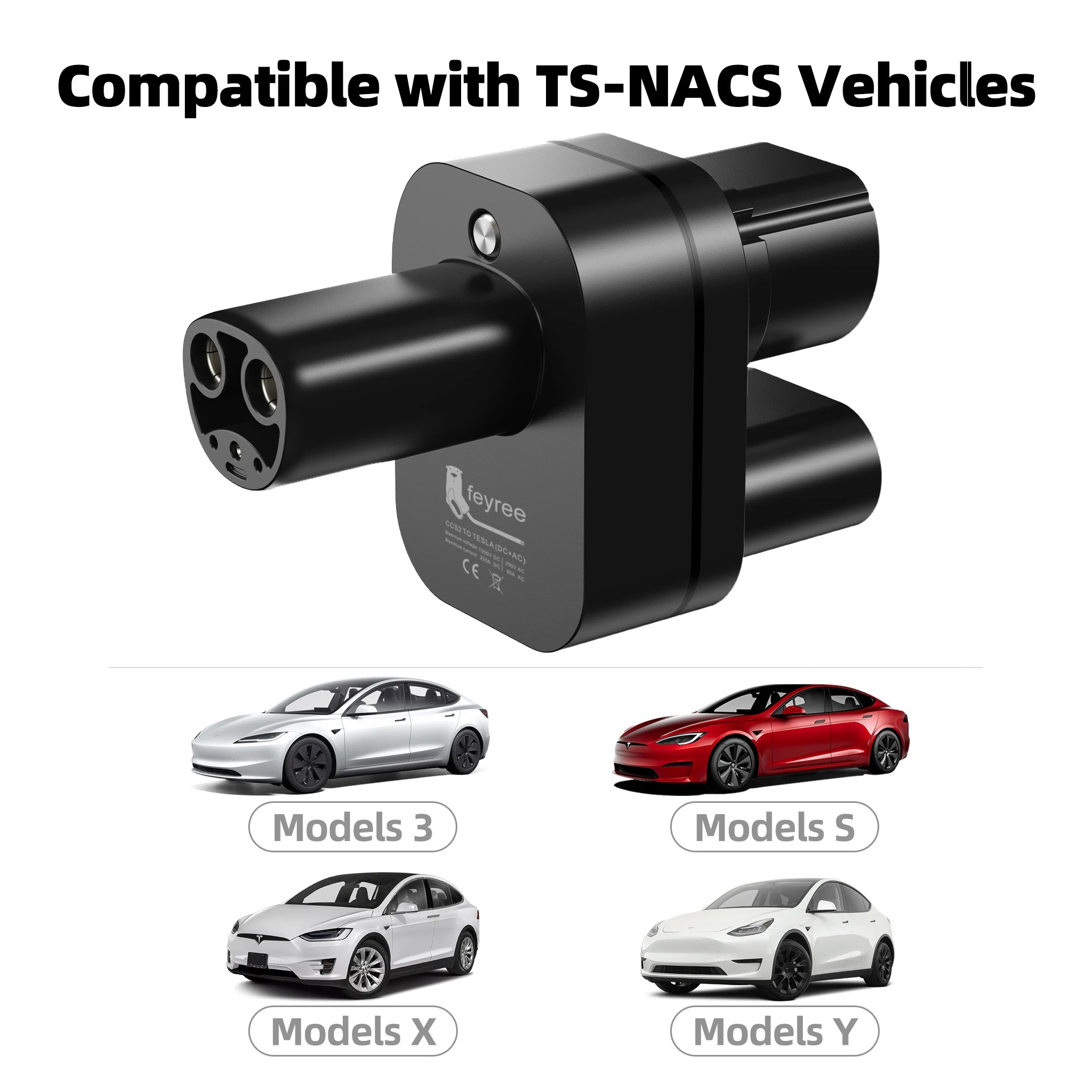 feyree CCS2 to Tesla AC+DC Adapter Fit for Tesla Model 3/X/Y Made in USA CCS2 Combo Adapter Support CCS2 and Type2 EV Charger