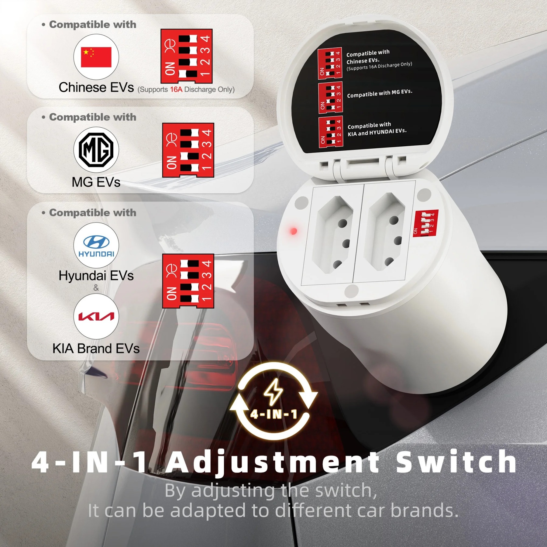 Type 2 V2L adapter with a 4-in-1 adjustment switch for brand compatibility, ensuring safe and reliable power export from your EV to external devices.
