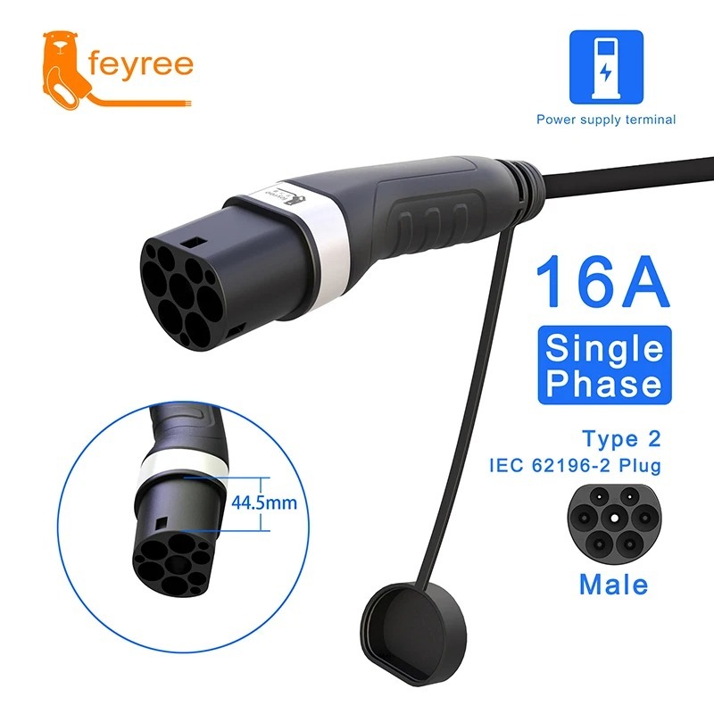 Durable 16A Single Phase Type 2 male EV plug (44.5mm diameter) for reliable connection to public charging stations.