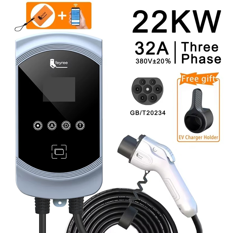 feyree EVSE Wallbox EV Charger GB/T Socket 32A 7KW 1Phase 16A 11KW 3Phase 22KW APP Control Charging Station for Electric Vehicle