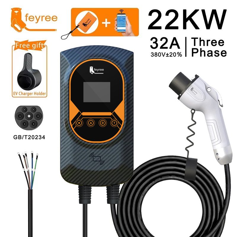 feyree EV Charger GB/T Socket EVSE Wallbox 32A 22KW 3Phase 16A 11KW Electric Vehicle APP Control Charging Station 7.6KW 5m Cable