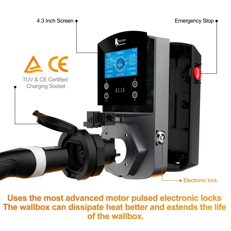 
Wall-mounted EV charging station with advanced safety and durability features. The design highlights the 4.3-inch screen, electronic lock, and emergency stop button, while its superior heat dissipation and TUV & CE certified components ensure a reliable and long-lasting home charging solution.