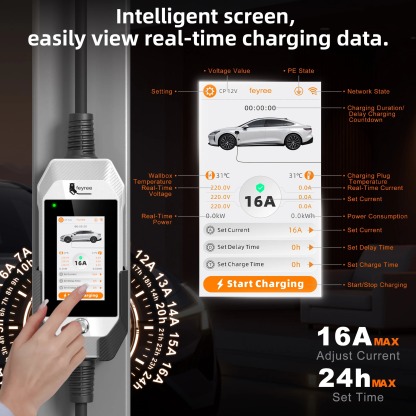 feyree Portable EV Charger 11kW 16A 3P Fast Charging Type2 Socket 4.3inch Touch Screen Design Smart WIFI APP Control AC Charger