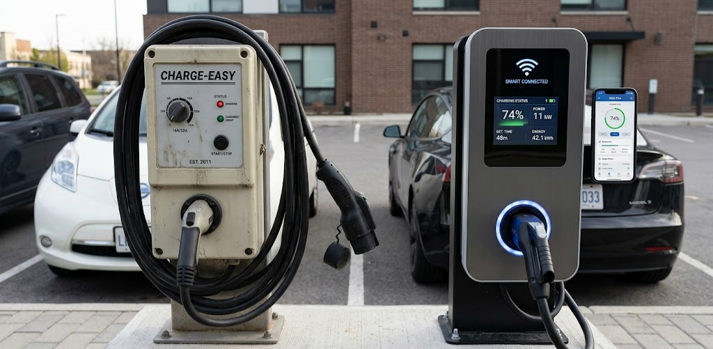 Side-by-side comparison of a bulky outdated EV charger and a modern smart station with app control.