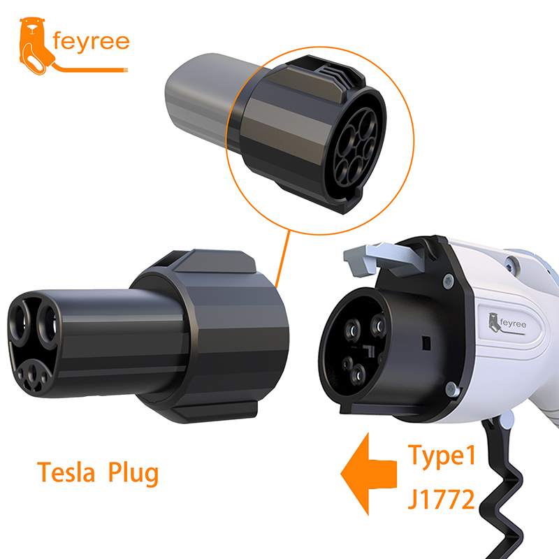 Tesla to J1772 adapter plug, enabling Tesla owners to connect their vehicles to a standard Type 1 public charging station, solving all compatibility issues.
