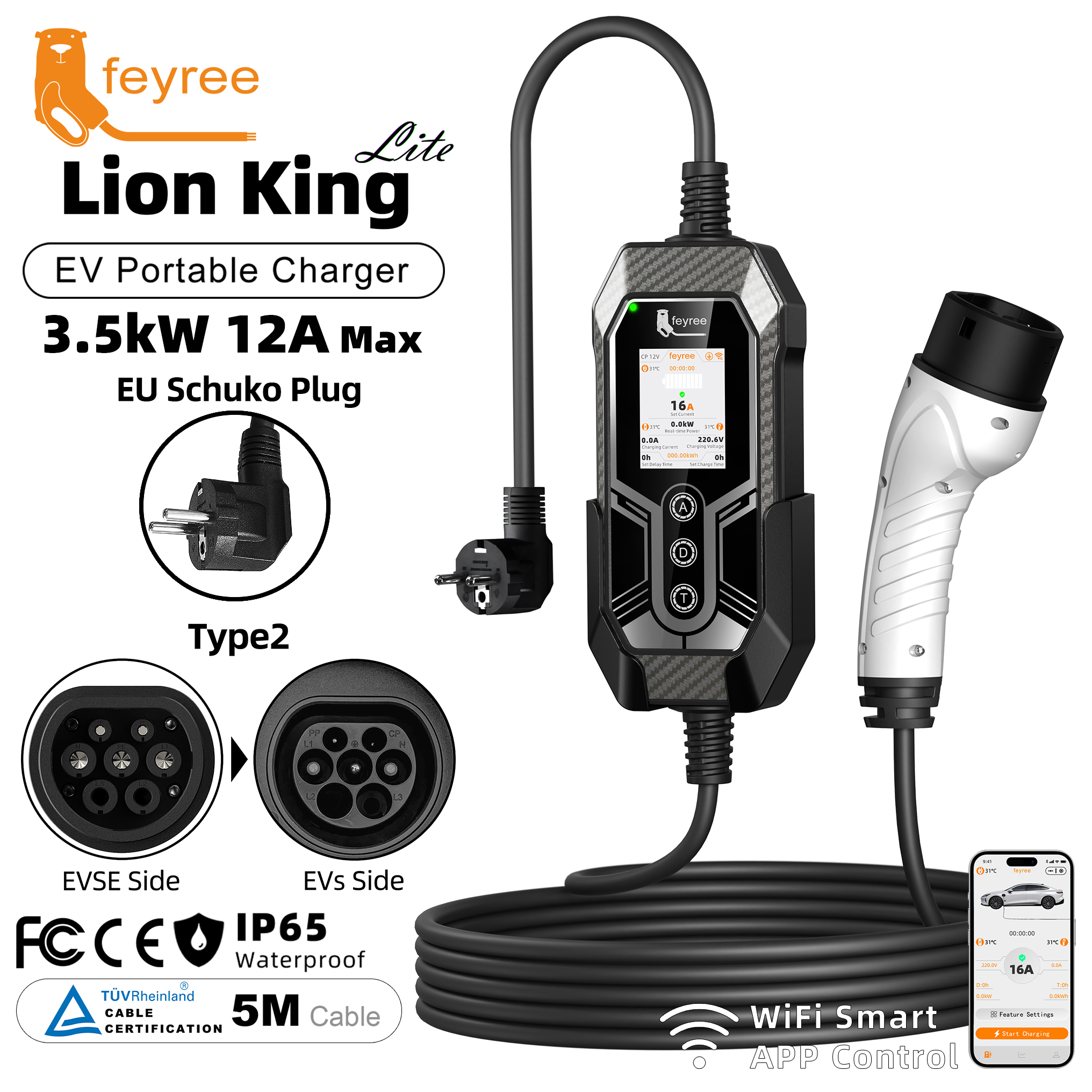 feyree 3.5kW Type 2 EV Charger High Security Smart Temperature Control with Remote APP OTA Upgrade and Real-time Charging Log