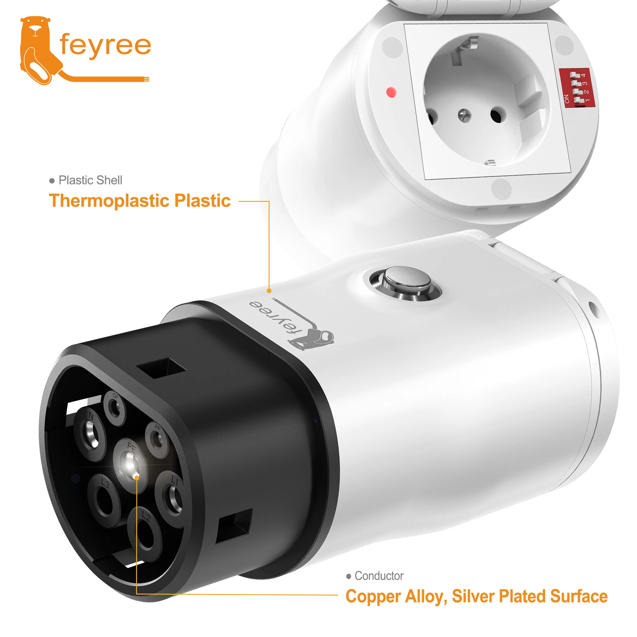 Premium materials for reliable performance. This smart EV charger is built with a durable thermoplastic plastic shell for protection and features a copper alloy conductor with a silver-plated surface, ensuring excellent conductivity and long-lasting reliability.