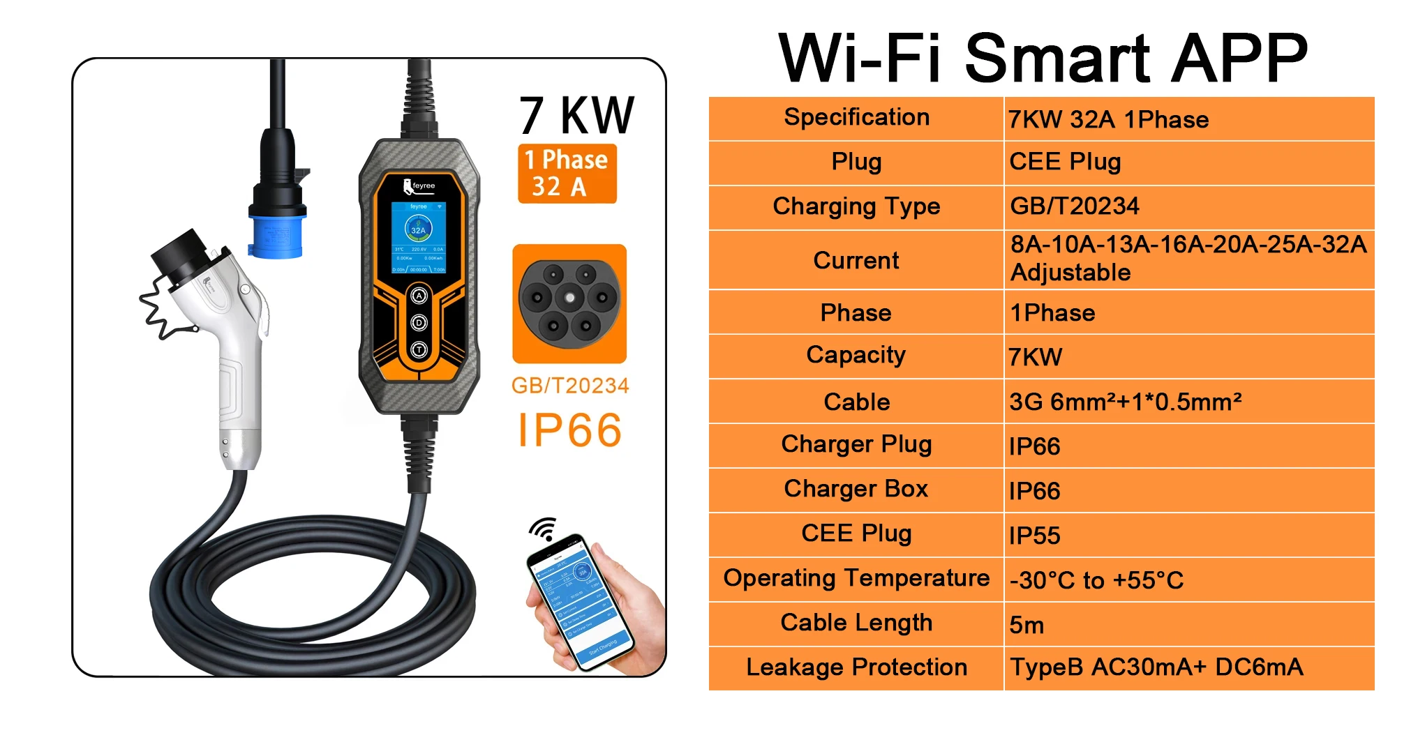  7kW 32A SAE J1772 portable EV charger with Wi-Fi control and 5m cable, offering fast, smart, and safe home charging.
